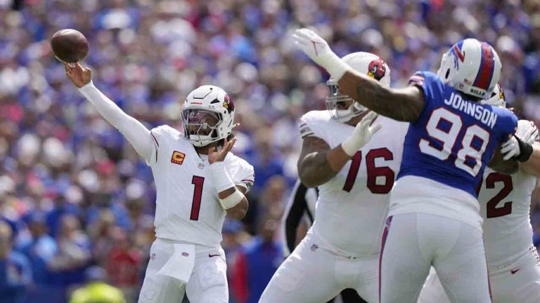 Arizona Cardinals quarterback Kyler Murray (1) throws the ball as Cardinals guard Will Hernandez (76) blocks Buffalo Bills defensive tackle Austin Johnson (98) during the first half of an NFL football game Sunday, Sept. 8, 2024, in Orchard Park, N.Y. (Matt Slocum/AP)