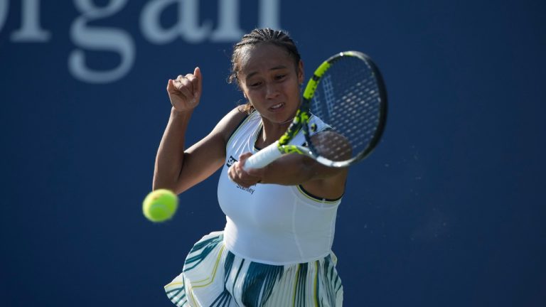 Leylah Fernandez, of Canada, during the first round of the U.S. Open tennis championships, Tuesday, Aug. 27, 2024, in New York. (Pamela Smith/AP)