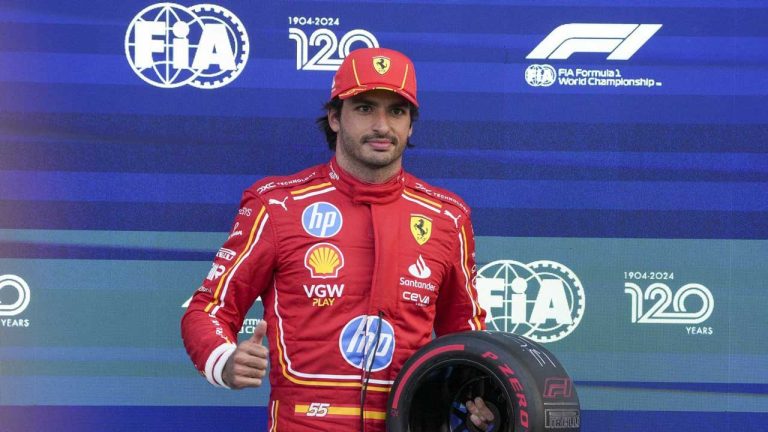 Ferrari driver Carlos Sainz, of Spain, poses for a photo after winning the pole position for the Formula One Mexico Grand Prix auto race, at the Hermanos Rodriguez racetrack in Mexico City. (Fernando Llano/AP)
