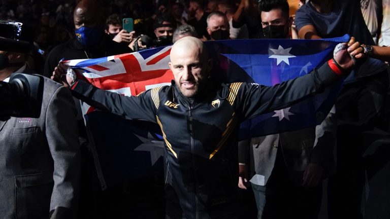 Australia's Alexander Volkanovski prepares to enter the cage for a UFC title bout. (John Locher/AP)