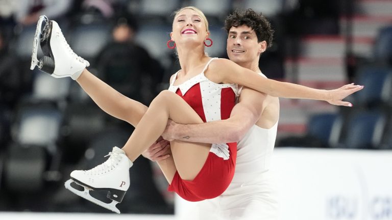 Ice Dancers Piper Gilles and Paul Poirier, of Canada, compete in rhythm dance at the Skate Canada International figure skating competition in Halifax on Saturday, October 26, 2024. (Darren Calabrese/CP)