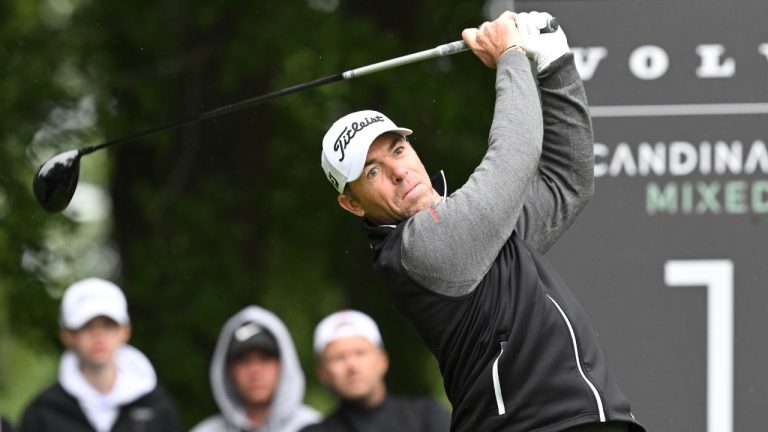 Julien Guerrier of France plays off the 1st tee during the third day of the Scandinavian Mixed DP World Tour Championship golf tournament, at Vasatorps Golf Club outside Helsingborg, Sweden, Saturday June 8, 2024. (Jonas Ekstromer/TT via AP)