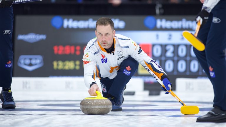 Brad Gushue shoots a stone during the HearingLife Tour Challenge semifinals on Saturday, Oct. 5, 2024, in Charlottetown. (Anil Mungal/GSOC)