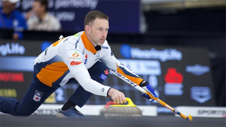 Brad Gushue shoots a stone during the HearingLife Tour Challenge quarterfinals on Saturday, Oct. 5, 2024, in Charlottetown. (Anil Mungal/GSOC)