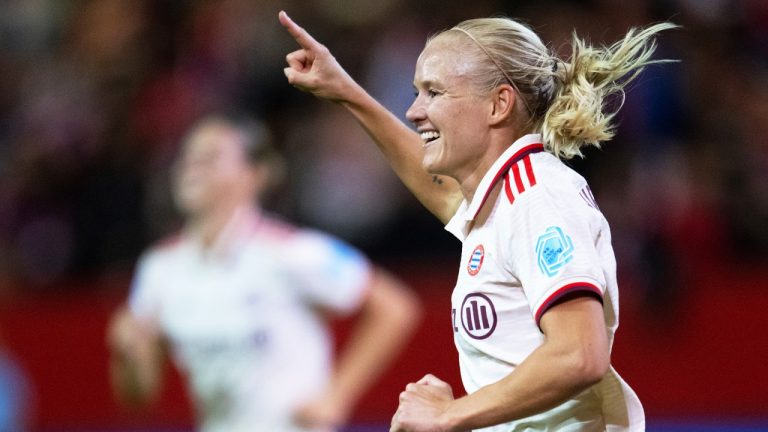 Munich's Pernille Harder celebrates after scoring her side's fifth goal during the women's Champions League group C soccer match between FC Bayern Munich and Arsenal Women FC in Munich, Germany, Wednesday, Oct. 9, 2024. (Sven Hoppe/dpa via AP)