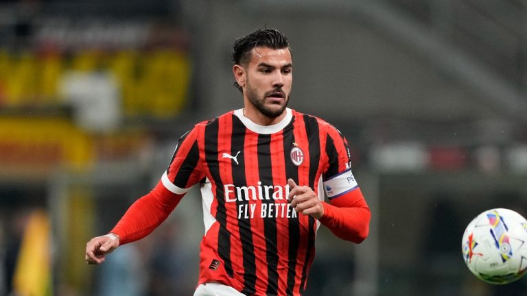 AC Milan's Theo Hernandez controls the ball during the Serie A soccer match between AC Milan and Venezia at the San Siro stadium, in Milan, Italy, Saturday, Sept. 14, 2024. (Antonio Calanni/AP)