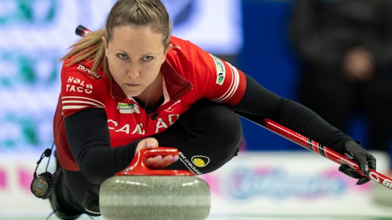 Canada skip Rachel Homan delivers a stone in World Women's Curling Championship gold medal action against Switzerland in Sydney, N.S. on Sunday, March 24, 2024. (Frank Gunn/CP)