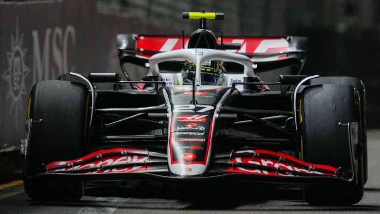 Haas driver Nico Hulkenberg of Germany steers his car during the Singapore Formula One Grand Prix at the Marina Bay Street Circuit, in Singapore, Sunday, Sept. 22, 2024. (Vincent Thian/AP)