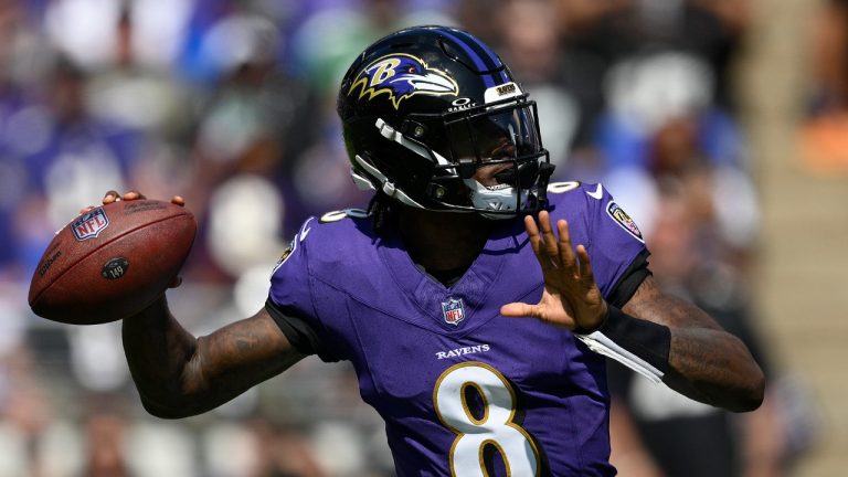 Baltimore Ravens quarterback Lamar Jackson (8) throws against the Las Vegas Raiders during the first half of an NFL football game, Sunday, Sept. 15, 2024, in Baltimore. (Nick Wass/AP)