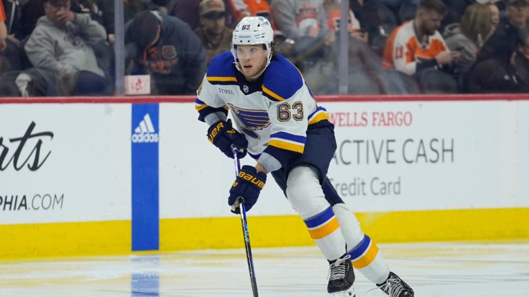 St. Louis Blues' Jake Neighbours in action during an NHL hockey game, Monday, March 4, 2024, in Philadelphia. (Matt Rourke/AP)