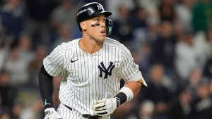 New York Yankees outfielder Aaron Judge watches his fly ball as he heads down the baseline during the third inning of Game 2 of the American League baseball playoff series against the Kansas City Royals, Monday, Oct. 7, 2024, in New York. (Frank Franklin II/AP)