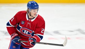 Montreal Canadiens' Kaiden Guhle skates prior to an NHL hockey game against the Los Angeles Kings in Montreal, Thursday, Oct. 17, 2024. (Graham Hughes/CP)