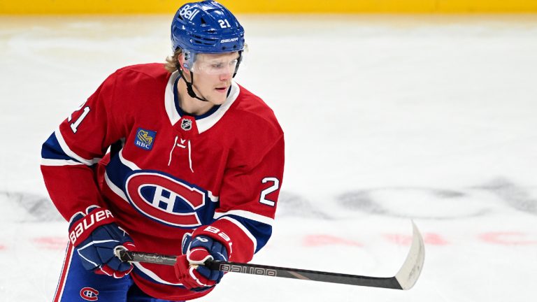 Montreal Canadiens' Kaiden Guhle skates prior to an NHL hockey game against the Los Angeles Kings in Montreal, Thursday, Oct. 17, 2024. (Graham Hughes/CP)