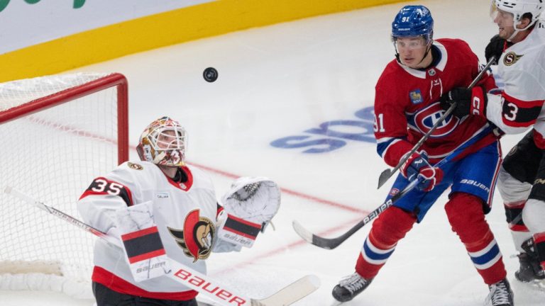 Ottawa Senators goaltender Linus Ullmark (35) keeps his eyes on the puck as Montreal Canadiens' Oliver Kapanen (91) and Senators' Tyler Kleven (43) move in during third period NHL preseason hockey action Tuesday, Oct.1, 2024 in Montreal. (CP Photo)