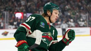 Minnesota Wild left wing Kirill Kaprizov (97) celebrates his goal against the Arizona Coyotes during the first period of an NHL hockey game Tuesday, March 12, 2024, in St. Paul, Minn. (Matt Krohn/AP Photo)