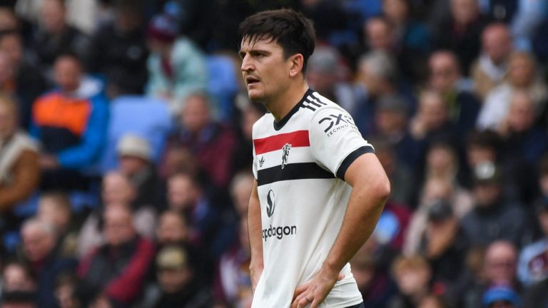 Manchester United's Harry Maguire reacts during the English Premier League soccer match between Aston Villa and Manchester United, at Villa Park in Birmingham, England, Sunday, Oct. 6, 2024. (Rui Vieira/AP)