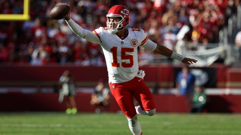 Kansas City Chiefs quarterback Patrick Mahomes (15) runs against the San Francisco 49ers during the second half of an NFL football game in Santa Clara, Calif., Sunday, Oct. 20, 2024. (Jed Jacobsohn/AP)