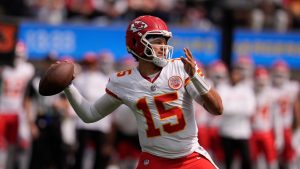 Kansas City Chiefs quarterback Patrick Mahomes throws during the first half of an NFL football game against the Los Angeles Chargers Sunday, Sept. 29, 2024, in Inglewood, Calif. (Marcio Jose Sanchez/AP)