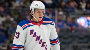 New York Rangers' Matt Rempe stands on the ice during the second period of an NHL preseason hockey game against the New York Islanders, Friday, Oct. 4, 2024, in New York. (Pamela Smith/AP)