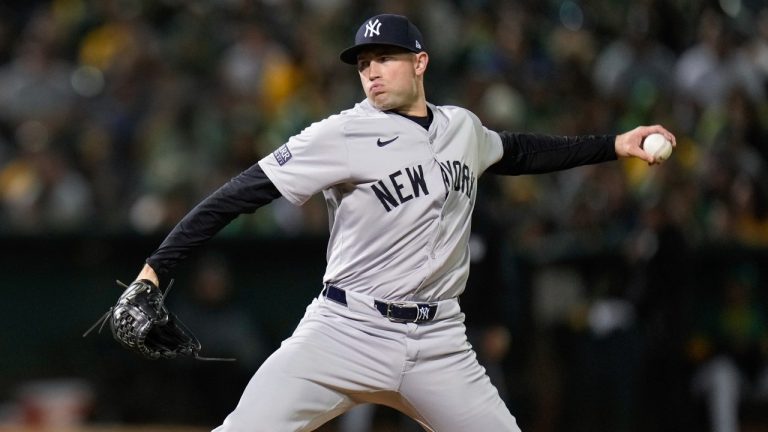 New York Yankees pitcher Tim Mayza throws to an Oakland Athletics batter during the ninth inning of a baseball game Saturday, Sept. 21, 2024, in Oakland, Calif. (Godofredo A. Vasquez/AP)