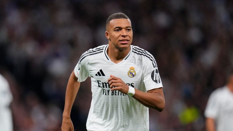 Real Madrid's Kylian Mbappe during the Champions League opening phase soccer match between Real Madrid and Borussia Dortmund at the Santiago Bernabeu stadium in Madrid, Tuesday, Oct. 22, 2024. (Manu Fernandez/AP)