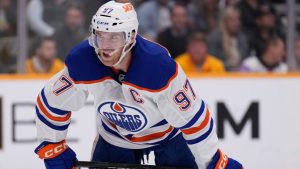 Edmonton Oilers center Connor McDavid (97) plays during the third period of an NHL hockey game against the Nashville Predators, Thursday, Oct. 17, 2024, in Nashville, Tenn. (George Walker IV/AP)