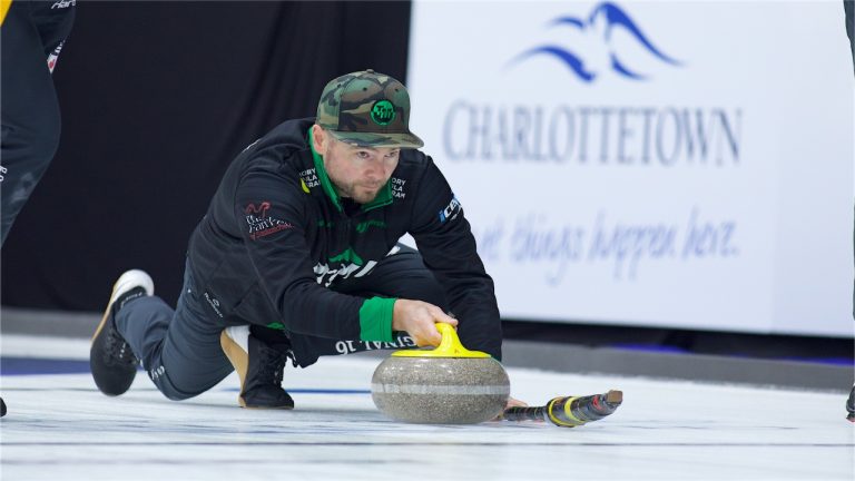 Mike McEwen throws a stone during the HearingLife Tour Challenge on Thursday, Oct. 3, 2024, in Charlottetown. (Anil Mungal/GSOC)