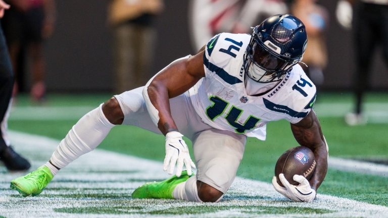 Seattle Seahawks wide receiver DK Metcalf (14) scores a touchdown during the first half of an NFL football game against the Atlanta Falcons, Sunday, Oct. 20, 2024, in Atlanta. The Seahawks defeated the Falcons 34-14. (Danny Karnik/AP)