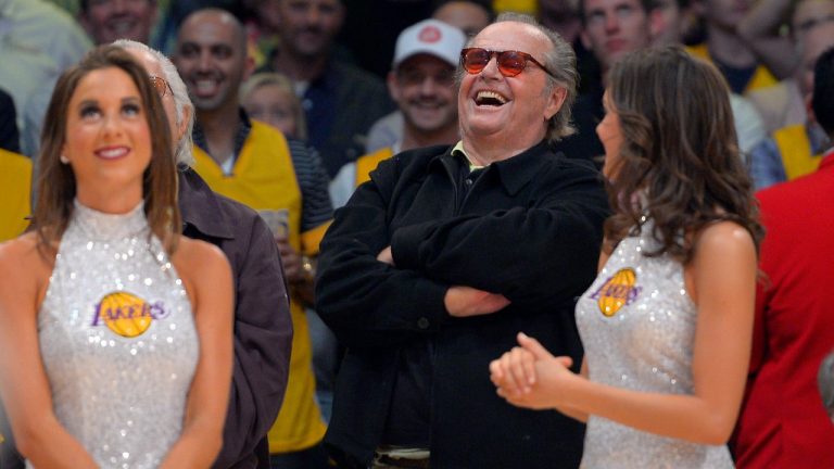 FILE - Actor Jack Nicholson laughs at former Los Angeles Lakers center Shaquille O'Neal as they retire his jersey during halftime of the Lakers' NBA basketball game against the Dallas Mavericks, Tuesday, April 2, 2013, in Los Angeles. (Mark J. Terrill/AP)