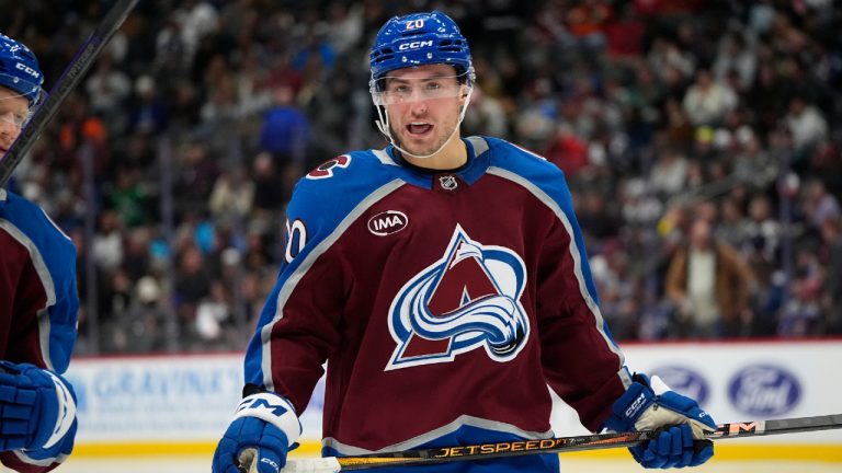 Colorado Avalanche centre Ross Colton (20) in the second period of an NHL hockey game Friday, Oct. 18, 2024, in Denver. (David Zalubowski/AP)