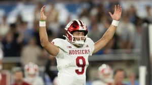 Indiana quarterback Kurtis Rourke (9) reacts after the team scores a touchdown during an NCAA football game against UCLA on Saturday, Sept. 14, 2024, in Pasadena, Calif. (Kyusung Gong/AP Photo)