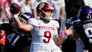 Indiana quarterback Kurtis Rourke throws against Northwestern during the first half of an NCAA college football game in Evanston, Ill., Saturday, Oct. 5, 2024. (AP)