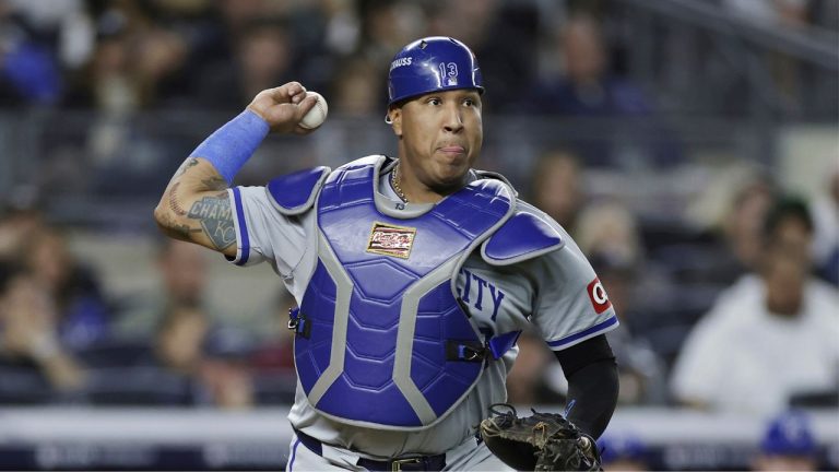 Kansas City Royals catcher Salvador Perez (13) during Game 1 of the American League baseball division series against the New York Yankees, Saturday, Oct. 5, 2024, in New York. (Adam Hunger/AP Photo)