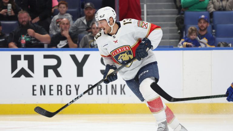 Florida Panthers centre Sam Reinhart (13) skates out of the zone during the second period of an NHL hockey game against the Buffalo Sabres, Saturday, Oct. 12, 2024, in Buffalo, N.Y. (Jeffrey T. Barnes/AP)