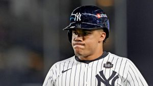 New York Yankees' Juan Soto reacts after flying out against the Los Angeles Dodgers during the eighth inning in Game 3 of the baseball World Series, Monday, Oct. 28, 2024, in New York. (Godofredo A. Vásquez/AP)