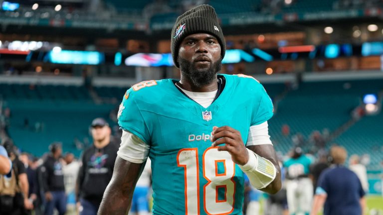 Miami Dolphins quarterback Tyler Huntley (18) exist the field at the end of an NFL football game against the Tennessee Titans, Monday, Sept. 30, 2024, in Miami Gardens, Fla. (Rebecca Blackwell/AP)