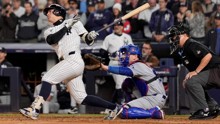 New York Yankees' Anthony Volpe hits a grand slam home run against the Los Angeles Dodgers during the third inning in Game 4 of the baseball World Series, Tuesday, Oct. 29, 2024, in New York. (Ashley Landis/AP)