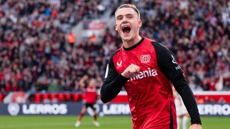 Leverkusen's Florian Wirtz celebrates scoring during the Bundesliga soccer match between Bayer Leverkusen and Eintracht Frankfurt at BayArena, Leverkusen, Germany, Saturday Oct. 19, 2024. (Marius Becker/dpa via AP)