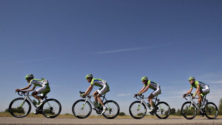 Members of Team Cannondale ride through the open prairies during stage one of the Tour of Alberta cycling race in Strathcona County, Alta., on Wednesday Sept. 4, 2013. Calgary teenager Alex Volstad, a two-time Canadian junior road race champion, is joining the EF-Oatly-Cannondale team next season. (CP)