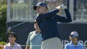 Charley Hull of England hits her tee shot on the first hole during the first round of the The Annika golf tournament at Pelican Golf Club, Thursday, Nov. 14, 2024, in Belleair, Fla. (Steve Nesius/AP)