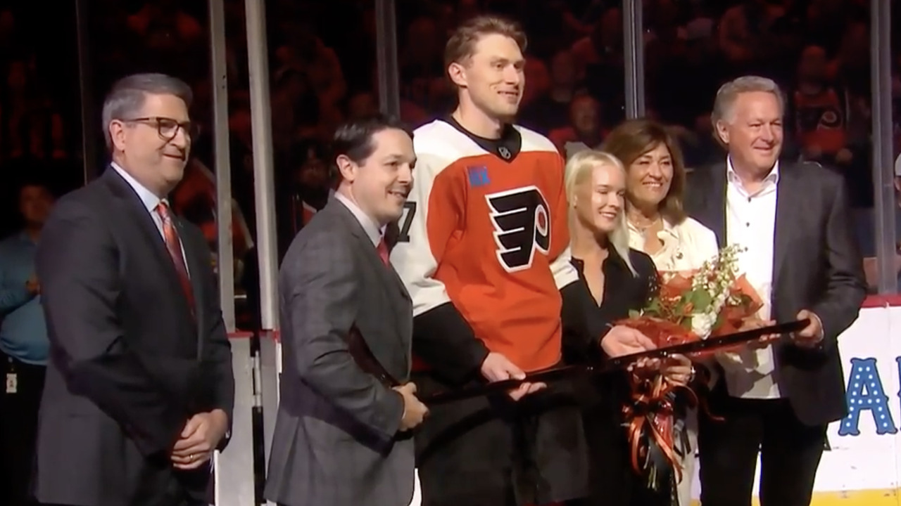 Flyers honour Erik Johnson for 1,000 games with pre-game ceremony