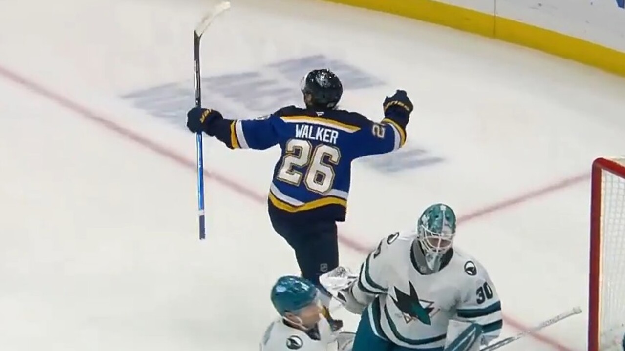 Blues’ Walker opens the scoring 11 seconds in off of Sharks turnover