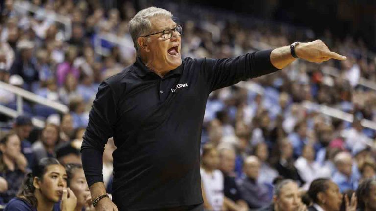 UConn head coach Geno Auriemma directs his team during the first half of an NCAA college basketball game against North Carolina in Greensboro, N.C., Friday, Nov. 15, 2024. (Ben McKeown/AP)