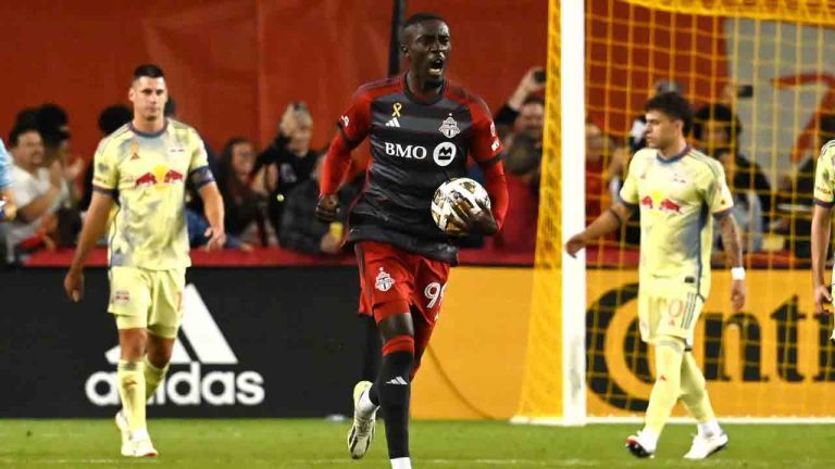 Toronto FC's Prince Owusu celebrates after scoring a goal against the New York Red Bulls during second half MLS soccer action in Toronto, Wednesday, Oct. 2, 2024. (Jon Blacker/CP)