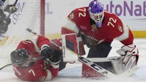 Florida Panthers defenceman Dmitry Kulikov (7) and goaltender Sergei Bobrovsky (72) defend the goal during the first period of an NHL hockey game against the Winnipeg Jets, Saturday, Nov. 16, 2024, in Sunrise, Fla. (Lynne Sladky/AP)