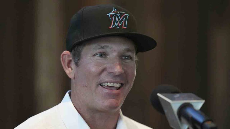 Clayton McCullough answers questions at a news conference to present him as the new manager of the Miami Marlins baseball team, Monday, Nov. 18, 2024, in Miami. (Rebecca Blackwell/AP)