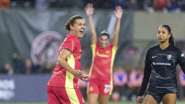 Portland Thorns forward Christine Sinclair (12) celebrates after her goal during the first half of an NWSL soccer match against Angel City FC at Providence Park on Friday Nov. 1, 2024 in Portland, Ore. (Sean Meagher/The Oregonian via AP)