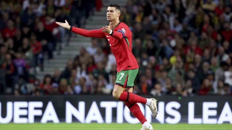 Portugal's Cristiano Ronaldo gestures during the UEFA Nations League soccer match between Portugal and Poland at the Dragao stadium in Porto, Portugal, Friday, Nov. 15, 2024. (Luis Vieira/AP)