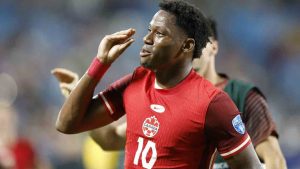 Canada's Jonathan David celebrates scoring his side's second goal against Uruguay during the Copa America third place soccer match in Charlotte, N.C., Saturday, July 13, 2024. (Nell Redmond/AP)