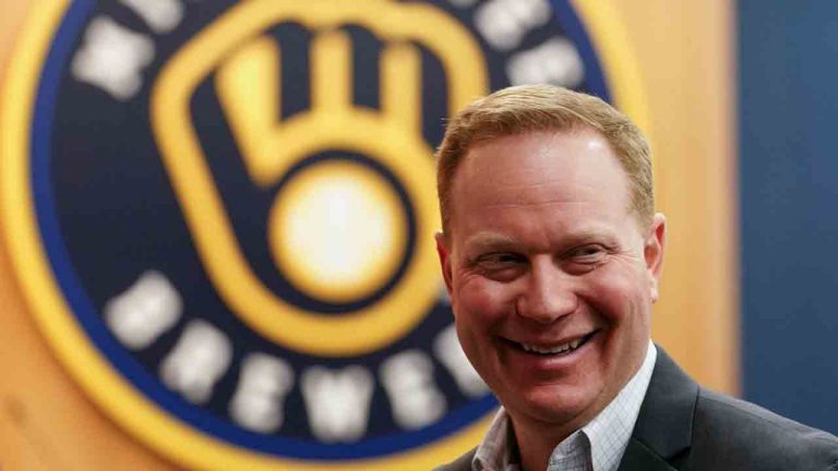 Milwaukee Brewers president of baseball operations Matt Arnold smiles at a news conference Thursday, Oct. 27, 2022, in Milwaukee. (Morry Gash/AP)